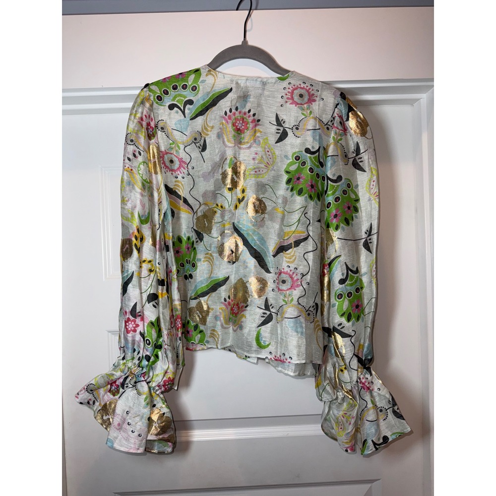 Cynthia Rowley Love Locket Linen Silk Puff Sleeve Blouse Gold Foil Ivory Small - Picture 11 of 13